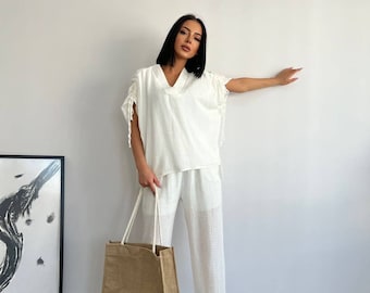 two piece cotton set cotton blouse cotton pants cotton pants for women,cotton blouses for women,summer cotton pants for ladies,white blouse,