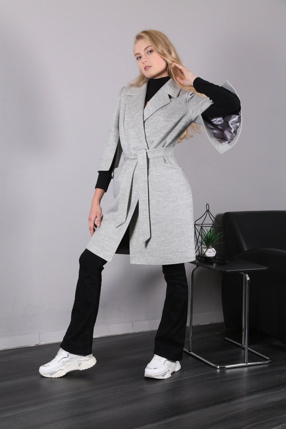 Gray Half Sleeve and Sleeve Slit Woolen Coat for Women, New