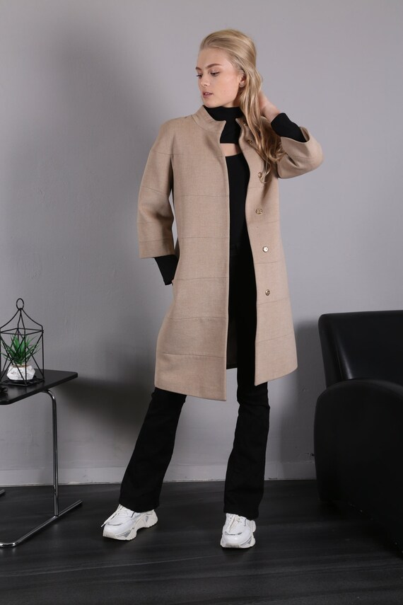 Beige Wool Coat Women Collarless Snap Button Fastening Half - Etsy