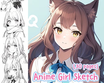 Anime Girl’s 30 Pages, Cute Manga, Coloring Book, Digital Art, Instant Download, Printable PDF25, sketch