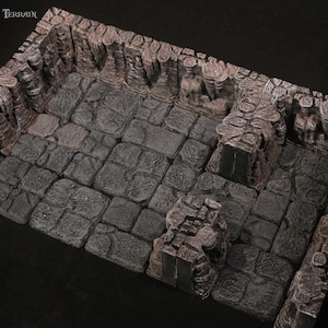 May include: A grey stone dungeon floor tile set with detailed stone walls. The walls are textured and have a weathered look. The floor tiles are square and have a rough surface.