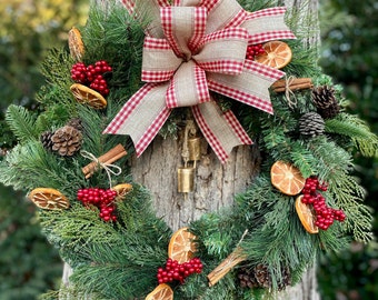 Rustic Farmhouse Holiday Wreath, Cedar and Pine Wreath for Front Door with Rustic Bells, Oranges and Cinnamon Decor