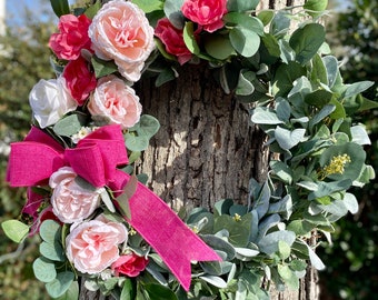 Spring Lamb's Ear and Floral Wreath, Pink Peony, Easter Wreath, Mother's Day