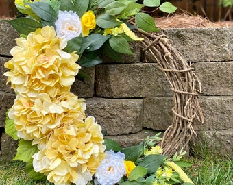 Hydrangea Summer Wreath for Front Door| Yellow Hydrangea & Berry  Wreath|