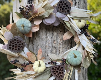 Fall Wreath Front Door, Corn Husk & Mixed Pumpkin Wreath, Neutral Autumn Wreath, Housewarming Gift