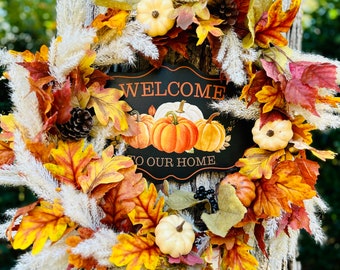 Fall Orange & White Pumpkin Welcome Wreath