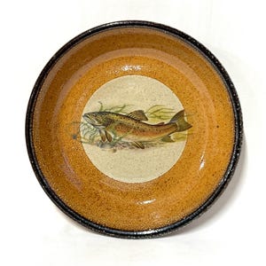 Puede incluir: Un plato de cerámica marrón con un borde negro y una imagen pintada de una trucha en el centro. El plato tiene un esmalte marrón moteado.