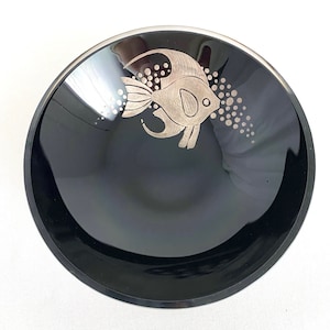 S-L Kumela Black Glass Bowl with Silver Fish Decor