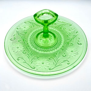Antique Center Handle Plate, Uranium Glass, Green Sandwich Pattern by Indiana Glass Co., 1920's