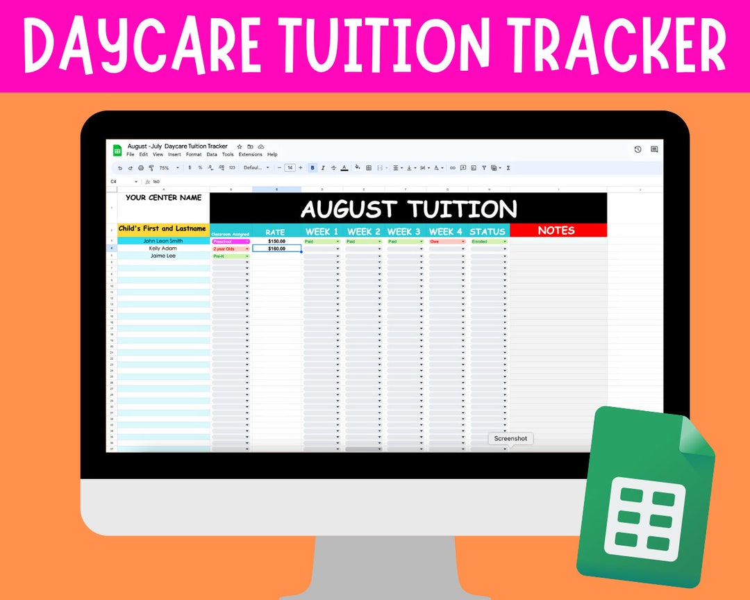 Daycare Tuition Payment Tracker Spreadsheet Childcare Management System ...