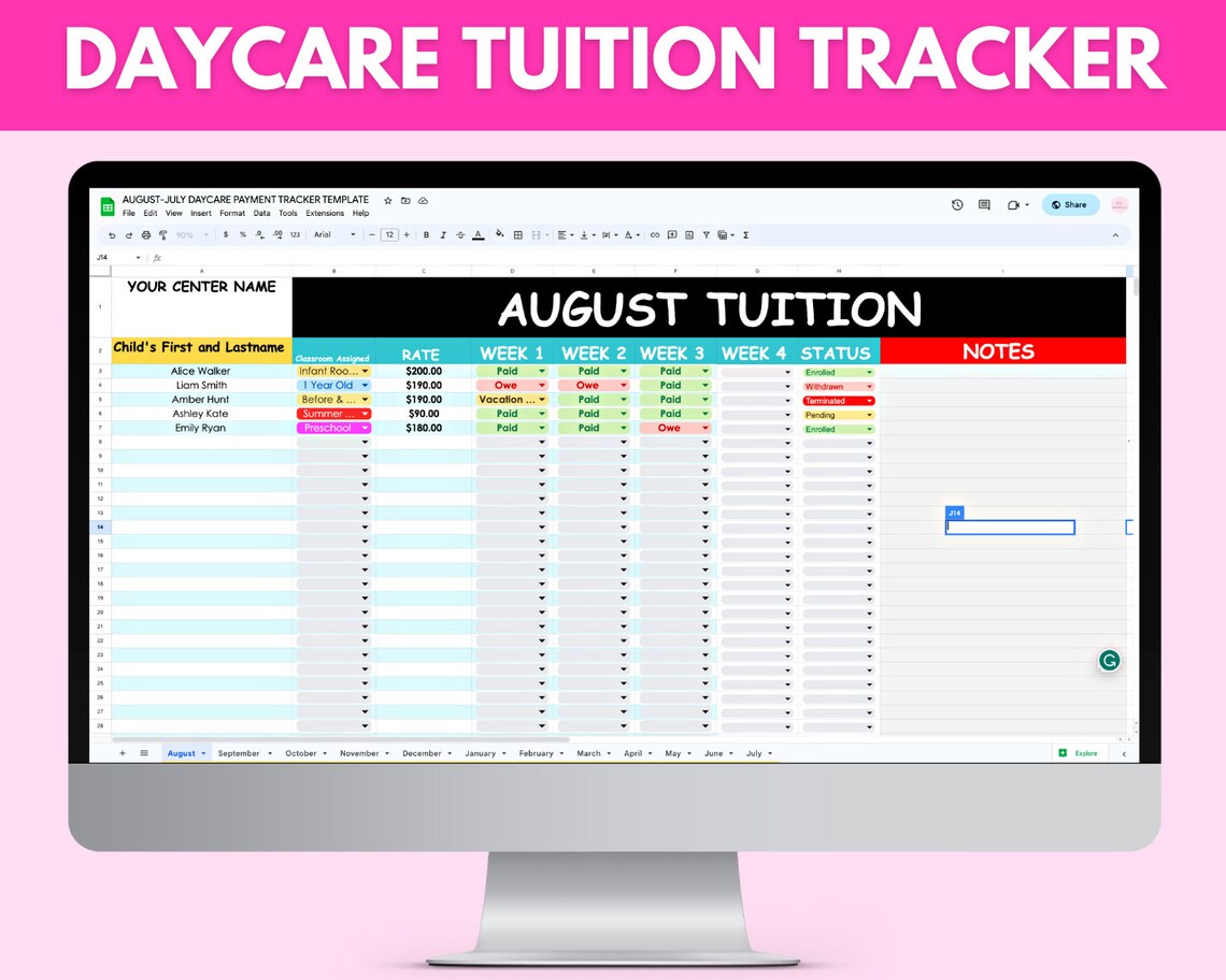 Daycare Tuition Payment Tracker Spreadsheet Childcare Management System ...
