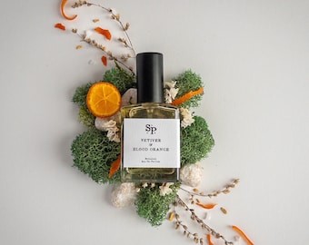 Vetiver and Blood Orange botanical perfume with notes of Blood Orange, Jasmine, Cardamom, Haitian Vetiver, unisex natural fragrance