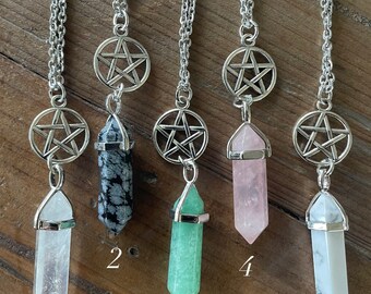 Crystal point and silver pentacle necklace- choose your gemstone! stainless steel chain