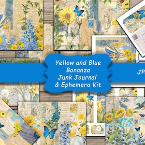 Giallo e blu Bonanza Junk Journal e Ephemera Kit, Collage, Carta stampabile vintage, Pagine di diario, Diario, Primavera, ,Fiori,