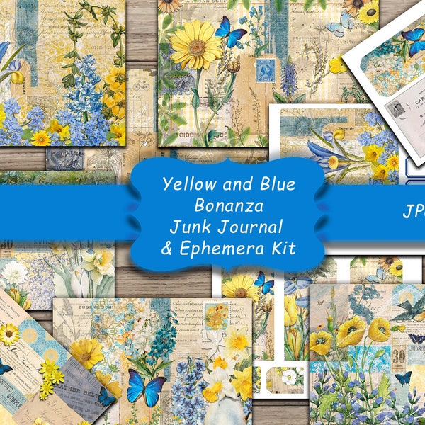 Yellow and Blue Bonanza Junk Journal and Ephemera Kit, Collage, Vintage Printable Paper, Journal Pages,Journal, Spring, ,Flowers,