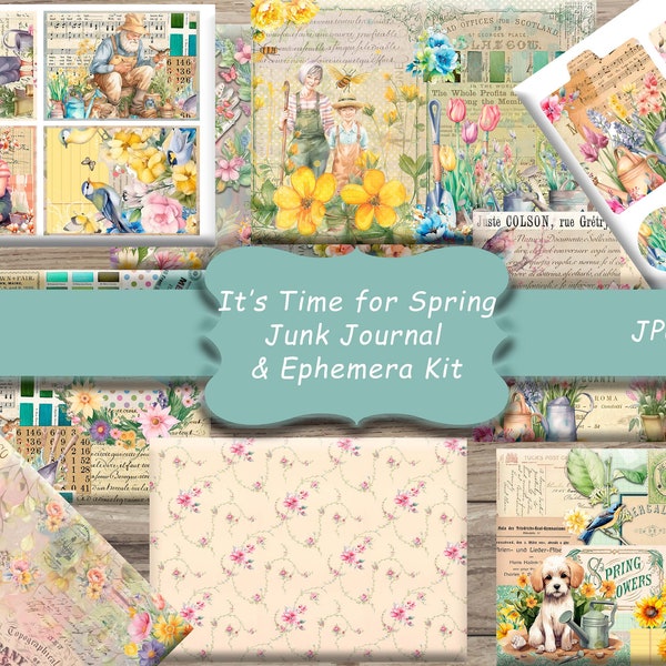 Spring Junk Journal, Printable, Digital Download, Vintage, Garden, Pastel, Scrapbook, Ephemera, Floral, Bunny, Collage, Journal , Flowers