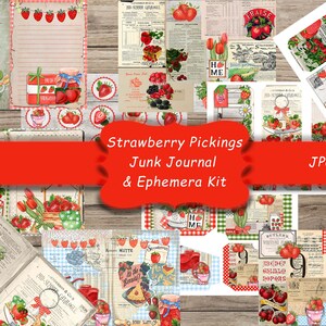 Strawberry Pickings, Digital Junk Journal y Ephemera Kit, Collage Sheets, Printable Paper, Journal Pages, Strawberry Journal, Fruit Journal