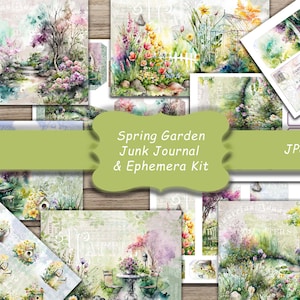 Spring Garden Junk Journal e kit de coisas efêmeras, colagem, aquarela, papel, páginas de diário, diário, primavera, flores, páginas digitais, downloads