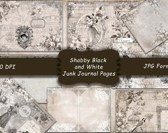 May include: A collection of Shabby Black and White Junk Journal Pages. The pages feature vintage floral and architectural designs, with text elements and illustrations. The overall aesthetic is antique and romantic, with a sepia-toned color palette.