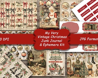 Könnte beinhalten: Ein digitales Collage-Kit mit Vintage-Weihnachtsillustrationen und Ephemera. Das Kit enthält Bilder von Ornamenten, Glocken, Schneemännern, Elfen und einem Kamin. Das Kit ist im JPG-Format und hat eine Auflösung von 300 DPI. Der Text "My Very Vintage Christmas Junk Journal & Ephemera Kit" ist auf einem roten Banner dargestellt.