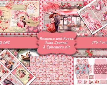 Pink Valentines Junk Journal Kit, Rose Papers, Romantic Shabby Chic, Love, Digital, Downloadable, Scrapbook Paper, Printable, Scrapbooking