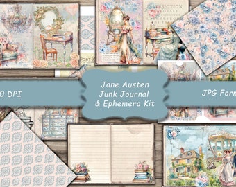 Jane Austen Junk Journal and Ephemera kit,ollage, Paper,Junk Journal Pages,Journal,  Shabby Chic,Victorian Flowers,Digital Pages, Novels.