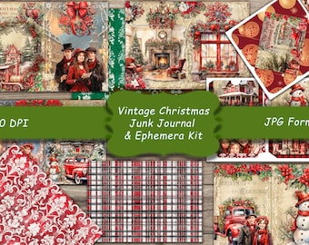 Könnte beinhalten: Vintage Weihnachts-Junk-Journal und Ephemera-Set mit rot-grünem Karomuster, rot-weißem Damast und Bildern eines Schneemanns, eines roten Lastwagens und eines Kamins.