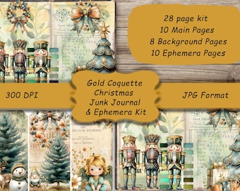 Könnte beinhalten: Ein digitales Weihnachts-Junk-Journal und Ephemera-Kit mit Vintage-Ästhetik. Das Kit enthält 28 Seiten mit Nussknackern, Weihnachtsbäumen und einer Farbpalette aus Gold, Grün und Beige. Der Text auf dem Bild lautet "Gold Coquette Christmas Junk Journal & Ephemera Kit."