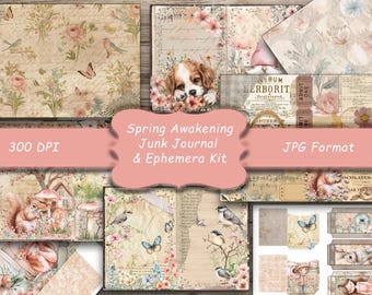 May include: A digital junk journal and ephemera kit with a spring theme. The kit includes various papers, illustrations of birds, butterflies, and flowers, and the text "Spring Awakening Junk Journal & Ephemera Kit". The kit is in JPG format and 300 DPI.