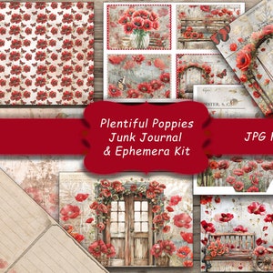 Poppy Journal Paper Download digitale, Pagine di diario, Oggetti effimeri stampabili, Fiori di campo floreali, botanici, Scrapbooking, Giardino vintage, Grunge