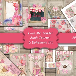 May include: A digital collage kit with a pink and white color scheme featuring images of hearts, flowers, and vintage-style illustrations. The kit is titled "Love Me Tender Junk Journal & Ephemera Kit" and is in JPG format.