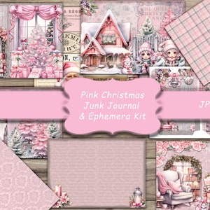 Kerstmis, Junk Journal Kit, Vintage, Afdrukbaar, December Daily, Tags, Versieringen, Downloaden, Roze, Digitaal, Kerstman, Vintage, Vrolijk, Pastel