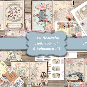 Sew Beautiful, Digital skräpjournal och Ephemera Kit, Collage, Vintage utskrivbart papper, Journalsidor, Syjournal, Handarbete, Sömmerska