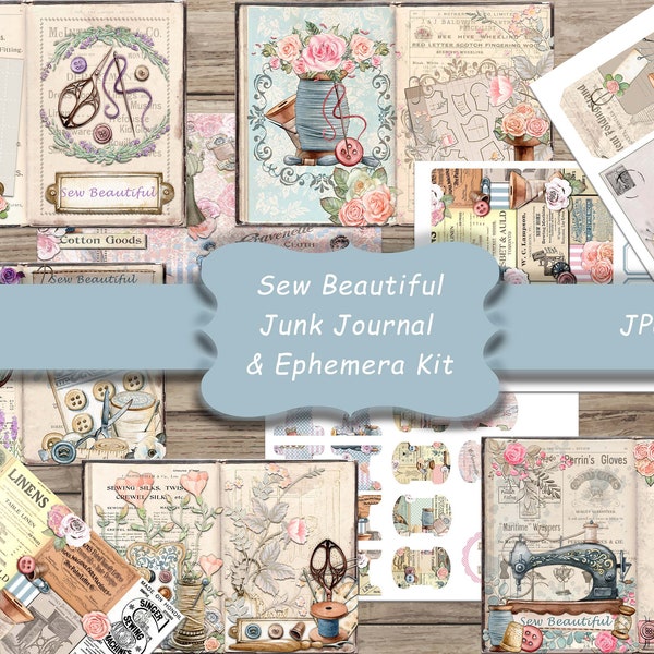 Sew Beautiful, Digital Junk Journal and Ephemera Kit, Collage, Vintage Printable Paper, Pages de journal, Journal de couture, Travaux d’aiguille, Couturière