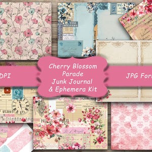Floral Junk Journal Kit, bedruckbares Papier, digitaler Download, Collage Sheet, Ephemera, Kirschblüte, Sakura, Tags, Verzierungen, Blumen