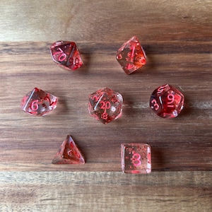 DnD Dice Set for Dungeons and Dragons | D20 TT RPG Polyhedral Dice Set | Clear Blood Spatter