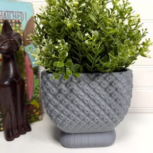 May include: A gray, textured planter with a geometric pattern, holding a vibrant green plant with small white flowers. The planter sits on a matching gray base. A dark brown cat figurine and a book with the word "HATCHED" are in the background.