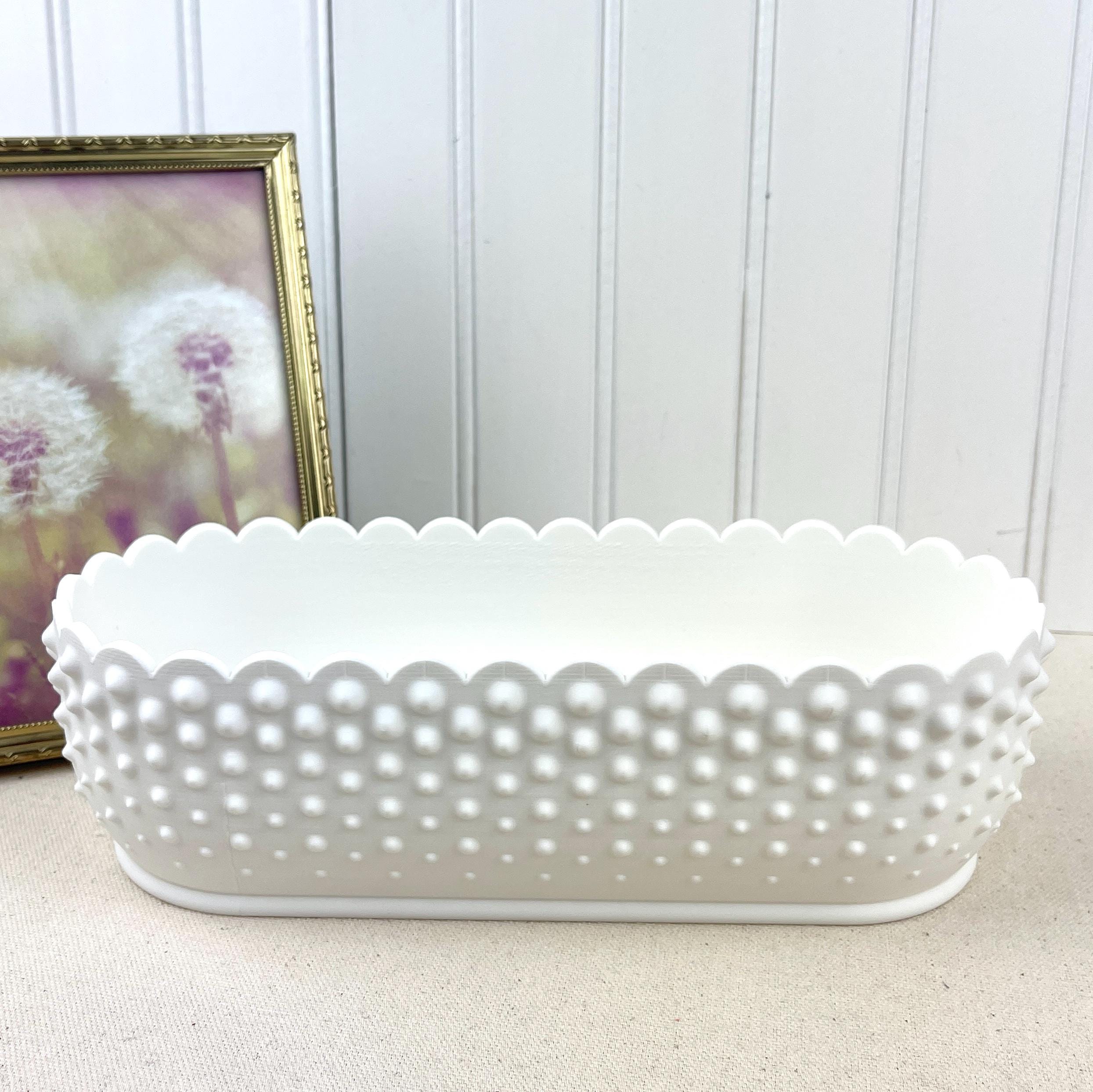 White Hobnail Bowl, Oblong Bowl, Decorative Bowl with Scalloped Edge, Vintage Inspired