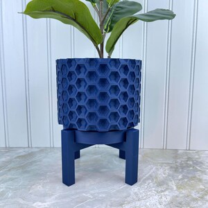 May include: A dark blue ceramic planter with a hexagonal pattern sits on a matching dark blue stand. The planter is filled with a green leafy plant.