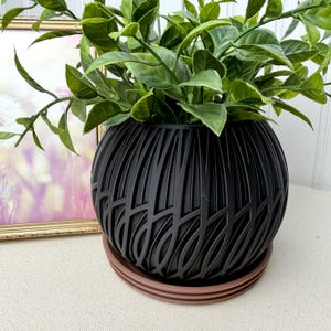 May include: A black, spherical planter with a decorative, carved pattern, holding a lush green plant. The planter sits on a brown saucer. A framed picture is visible in the background.