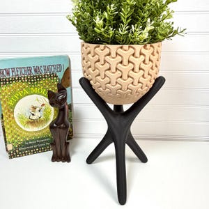 May include: A beige geometric patterned plant pot with a green plant is displayed on a black tripod stand. A wooden cat figurine and a children's book are also visible.