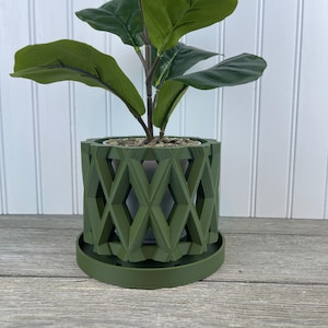 May include: A green geometric planter with a drainage tray. The planter has a diamond pattern and is holding a green leafy plant.