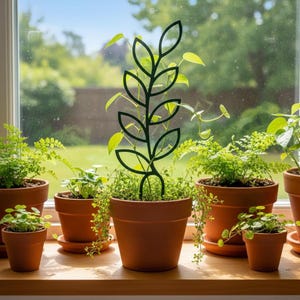 以下が含まれることがあります： 木製の窓枠に置かれたテラコッタの鉢植えの植物のコレクション。中央の鉢には、スタイリッシュな葉の形をした黒い金属製の植物トレリスがあり、つる植物を支えています。背景はぼやけて緑色です。