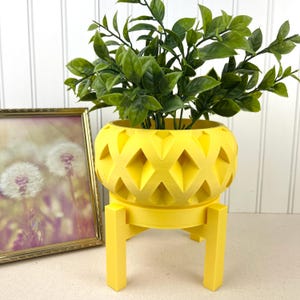 Könnte beinhalten: Ein gelber Blumentopf mit einem geometrischen Rautenmuster, der eine lebendige grüne Pflanze enthält. Der Topf steht auf einem passenden gelben Ständer. Ein gerahmtes Bild mit einem goldenen Rahmen befindet sich im Hintergrund. Der Topf hat einen Durchmesser von ca. 20 cm.