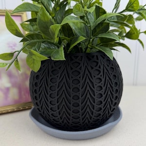 May include: A black, spherical planter with a decorative, openwork design, holding a green plant. The planter sits on a light gray saucer. The plant has many green leaves.