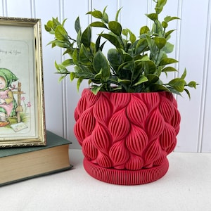 May include: A bright red planter with a unique, textured, wave-like design. The planter is filled with a green leafy plant.