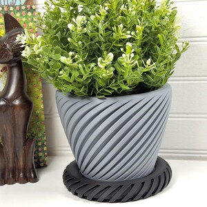 May include: A gray, spiral-patterned planter with a black saucer holds a vibrant green plant with small white flowers. The planter has a unique, textured design, perfect for indoor or outdoor use.