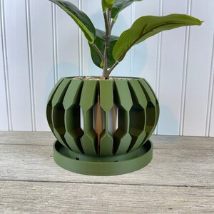 Puede incluir: Un macetero geométrico verde con un platillo a juego. El macetero tiene un diseño único en forma de panal y es perfecto para exhibir una planta pequeña.