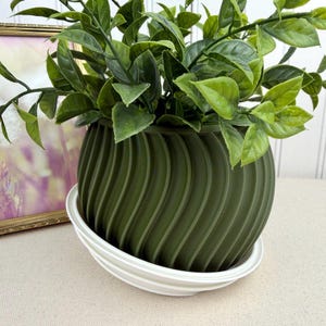 May include: A green, textured, ceramic planter with a white saucer, filled with leafy green plants. The planter has a unique, swirling design. The plant pot is a decorative item for home decor.
