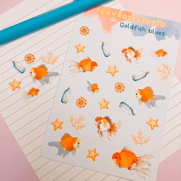 Cute Goldfish Blues Sticker Sheet, Kawaii Fish Stickers, Bullet Journal Planner Sticker, Art Journal Stickers